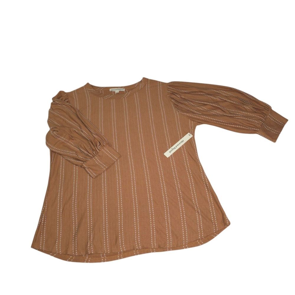 Plus Size Women's 1x Above And Beyond Brown White Puff 3/4 Sleeve Blouse‎ Top